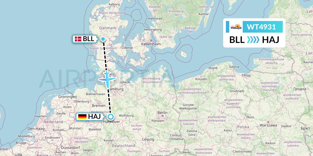 WT4931 Swiftair Flight Map: Billund to Hannover