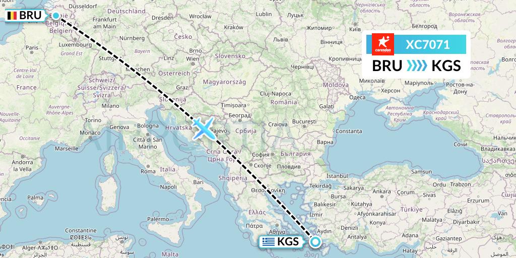 XC7071 Corendon Airlines Flight Map: Brussels to Kos
