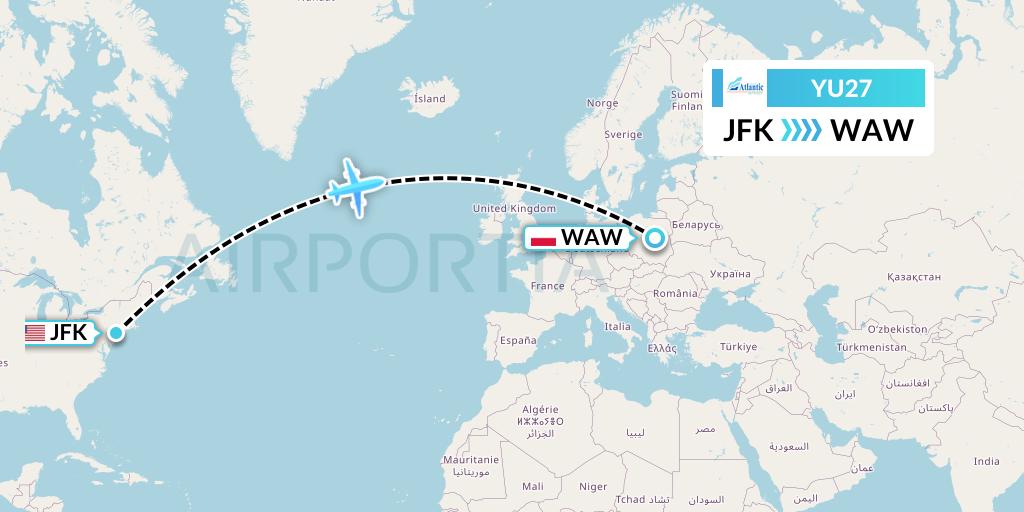 YU27 EuroAtlantic Airways Flight Map: New York to Warsaw