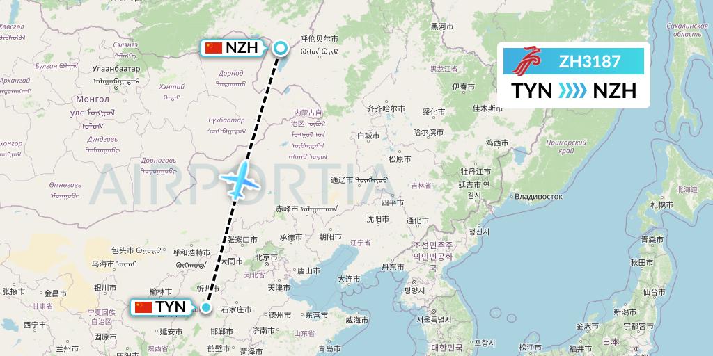 ZH3187 Shenzhen Airlines Flight Map: Taiyuan to Manzhouli