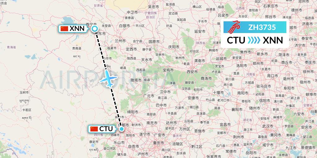 ZH3735 Shenzhen Airlines Flight Map: Chengdu to Xining
