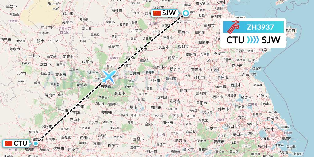 ZH3937 Shenzhen Airlines Flight Map: Chengdu to Shijiazhuang
