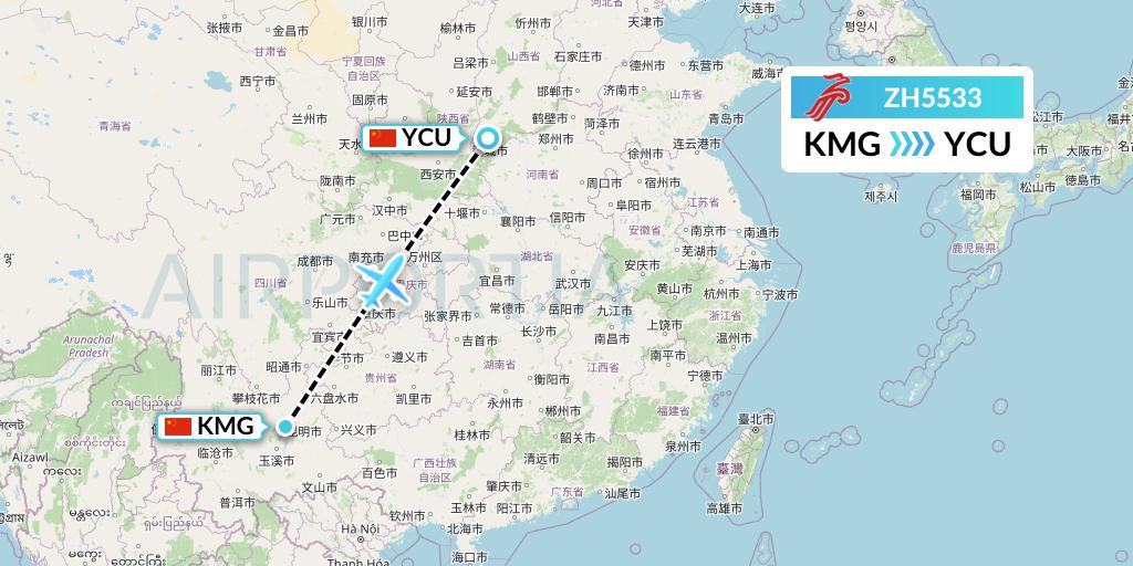 ZH5533 Shenzhen Airlines Flight Map: Kunming to Yuncheng
