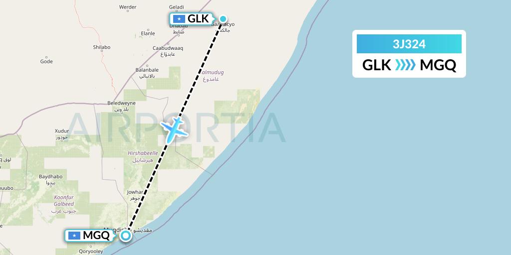 3J324 Jubba Airways Flight Map: Galcaio to Mogadishu
