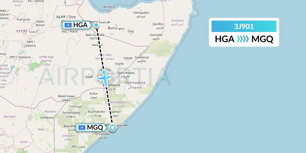 3J901 Jubba Airways Flight Map: Hargeisa to Mogadishu