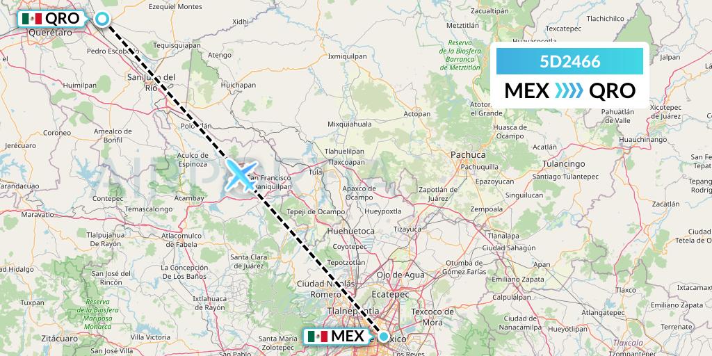 5D2466 Aeromexico Connect Flight Map: Mexico City to Queretaro