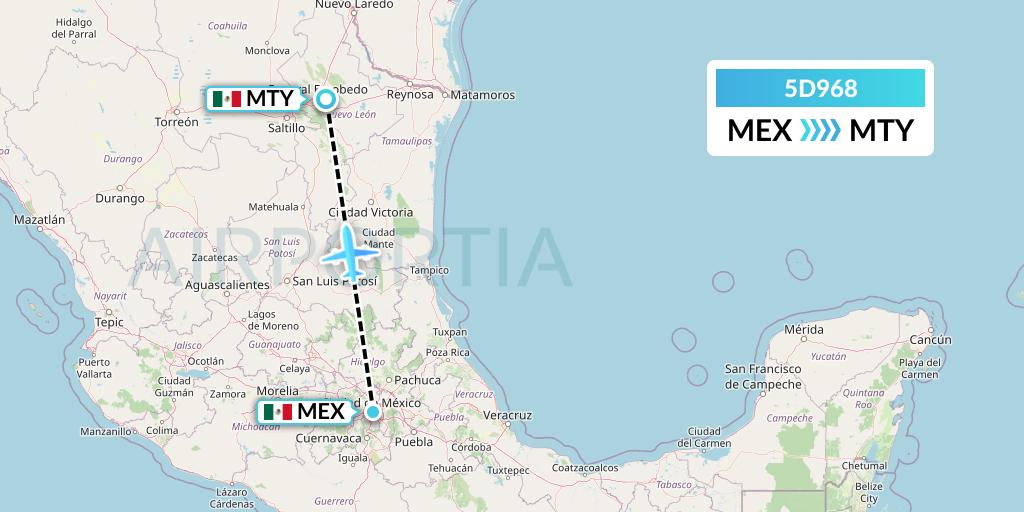5D968 Aeromexico Connect Flight Map: Mexico City to Monterrey