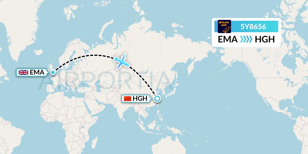 5Y8656 Atlas Air Flight Map: East Midlands to Hangzhou