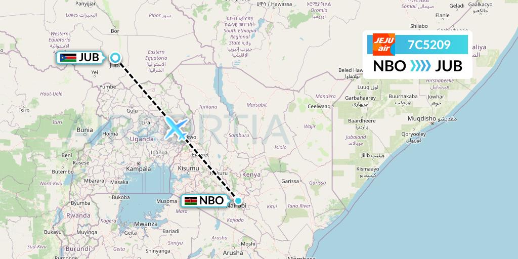 7C5209 Jeju Air Flight Map: Nairobi to Juba