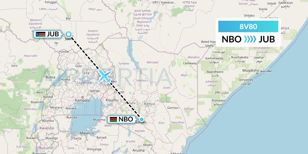 8V80 Wright Air Service Flight Map: Nairobi to Juba
