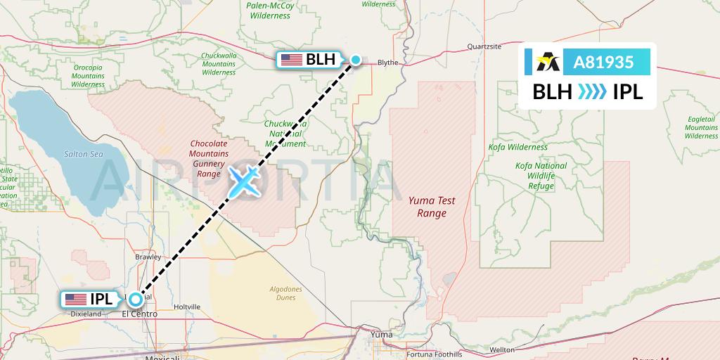 A81935 Aerolink Uganda Flight Map: Blythe to Imperial