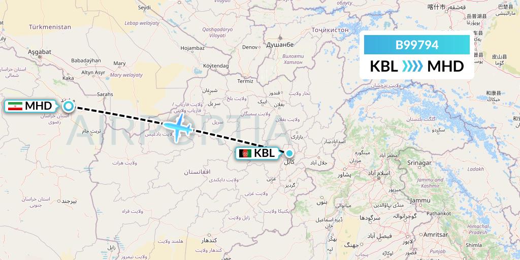 B99794 Iran Air Tours Flight Map: Kabul to Mashhad