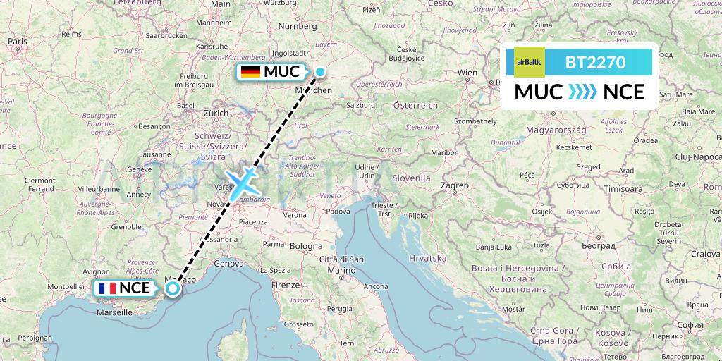 BT2270 Air Baltic Flight Map: Munich to Nice