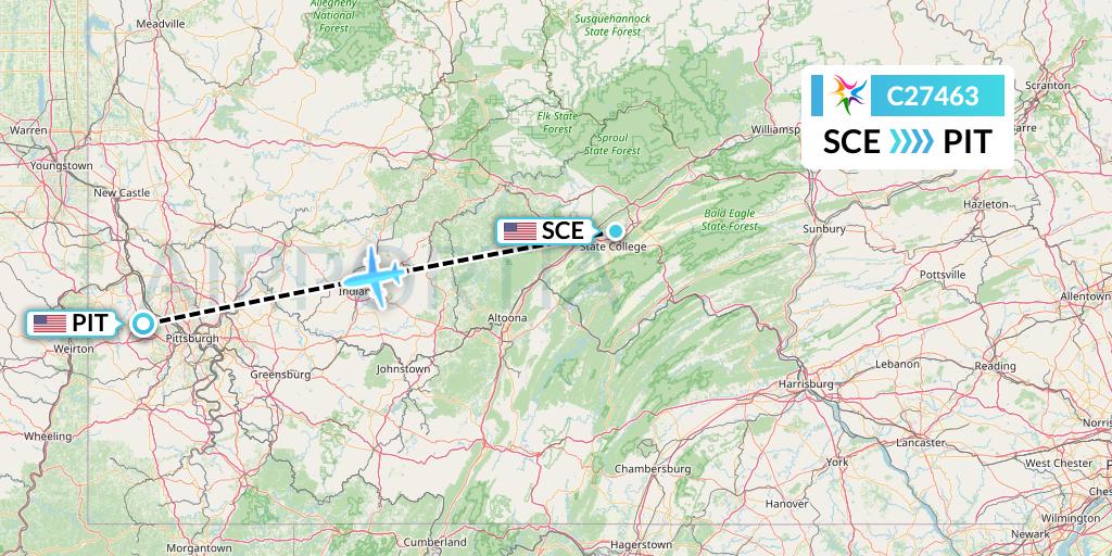 C27463 Ceiba Intercontinental Flight Map: State College to Pittsburgh