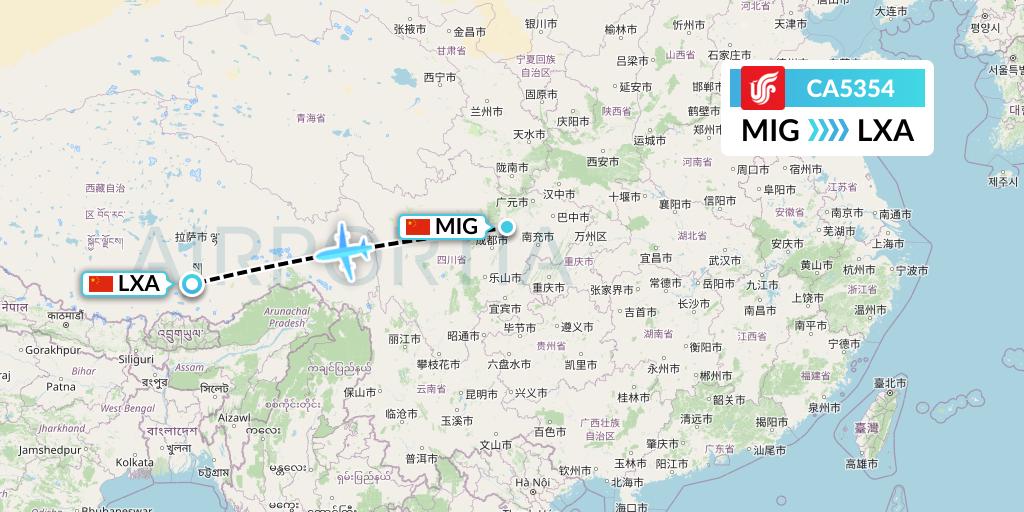 CA5354 Air China Flight Map: Mianyang to Lhasa