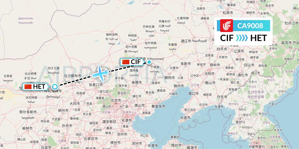 CA9008 Air China Flight Map: Chifeng to Hohhot