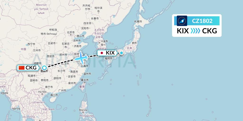 CZ1802 China Southern Airlines Flight Map: Osaka to Chongqing