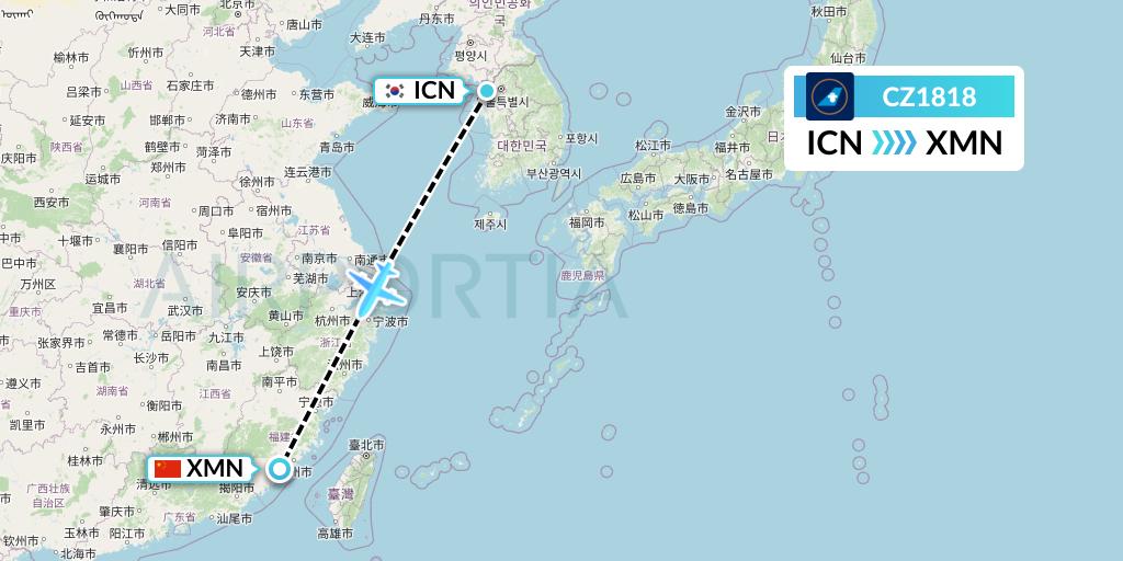 CZ1818 China Southern Airlines Flight Map: Seoul to Xiamen