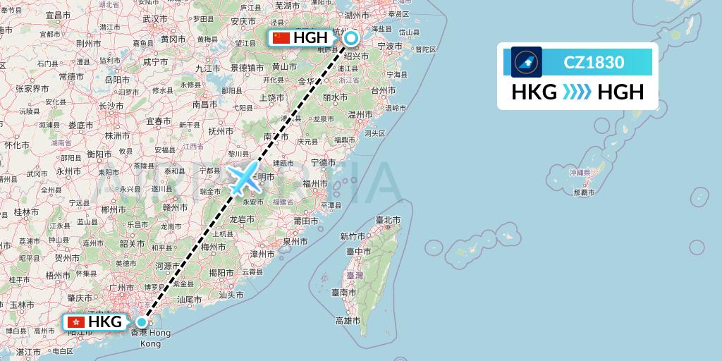 CZ1830 China Southern Airlines Flight Map: Hong Kong to Hangzhou
