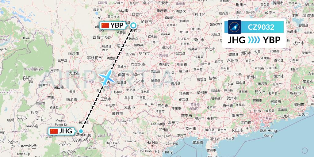 CZ9032 China Southern Airlines Flight Map: Jinghong to Yibin