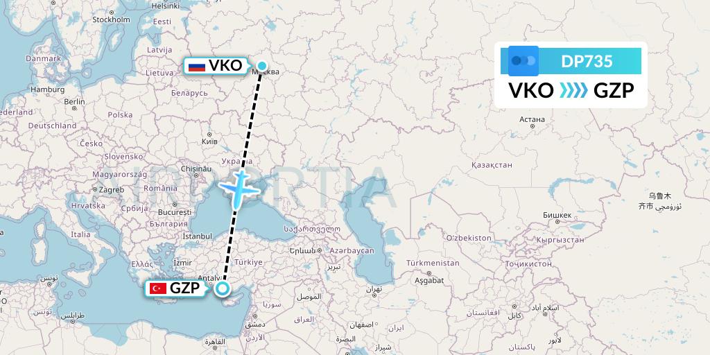 DP735 Pobeda Flight Map: Moscow to Gazipasa