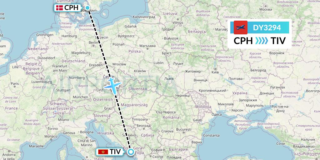 DY3294 Norwegian Flight Map: Copenhagen to Tivat