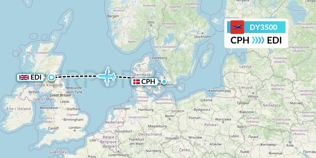 DY3500 Norwegian Flight Map: Copenhagen to Edinburgh