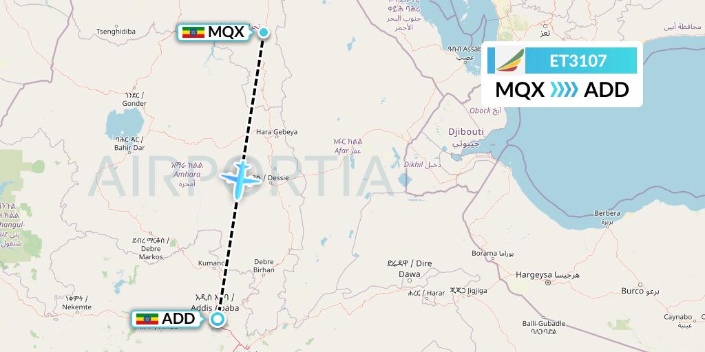 ET3107 Ethiopian Airlines Flight Map: Ethiopia to Addis Ababa