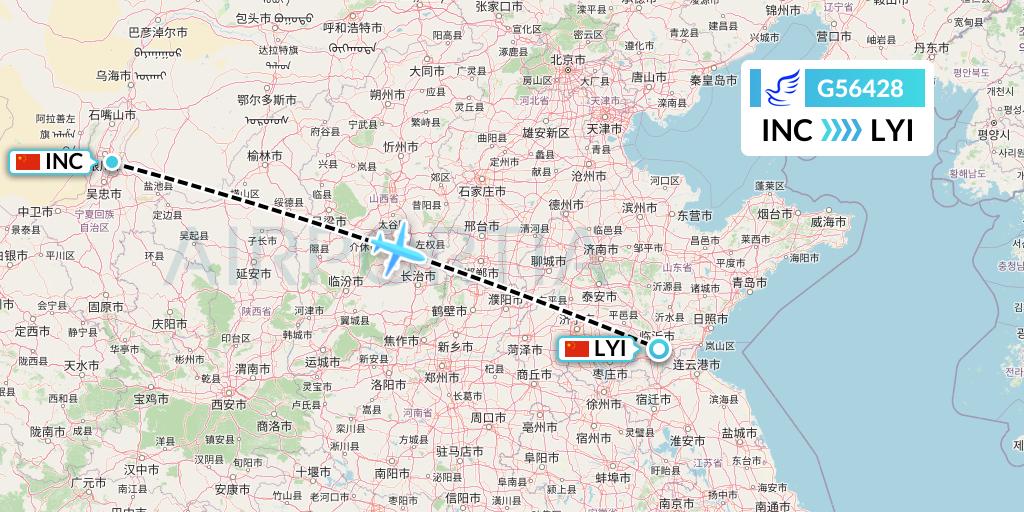 G56428 China Express Airlines Flight Map: Yinchuan to Linyi