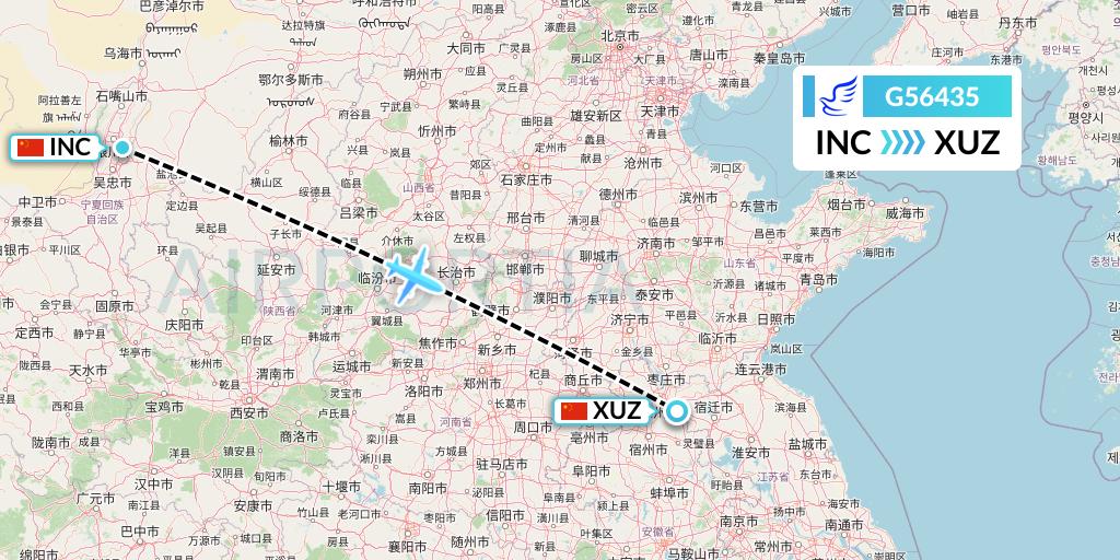 G56435 China Express Airlines Flight Map: Yinchuan to Xuzhou