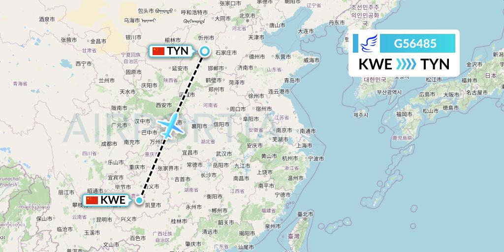 G56485 China Express Airlines Flight Map: Guiyang to Taiyuan
