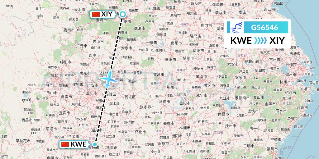 G56546 China Express Airlines Flight Map: Guiyang to Xi'an