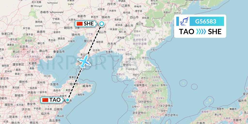 G56583 China Express Airlines Flight Map: Qingdao to Shenyang