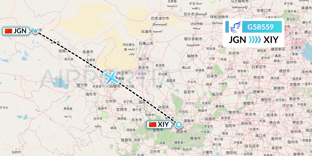 G58559 China Express Airlines Flight Map: Jiayuguan to Xi'an
