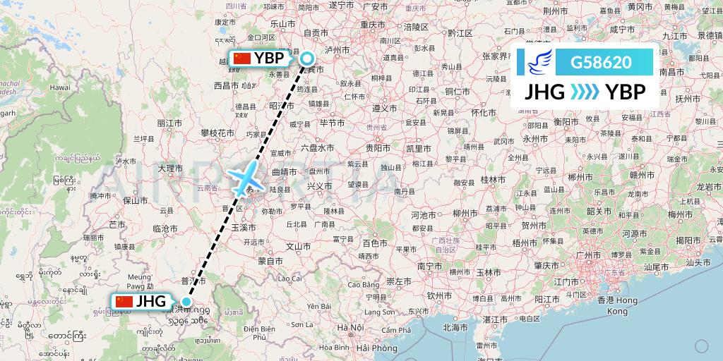 G58620 China Express Airlines Flight Map: Jinghong to Yibin