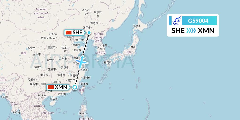 G59004 China Express Airlines Flight Map: Shenyang to Xiamen