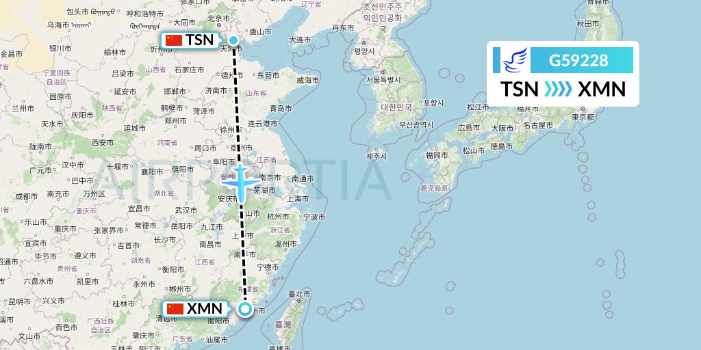 G59228 China Express Airlines Flight Map: Tianjin to Xiamen