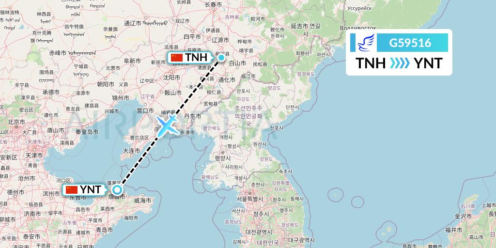 G59516 China Express Airlines Flight Map: Tonghua to Yantai