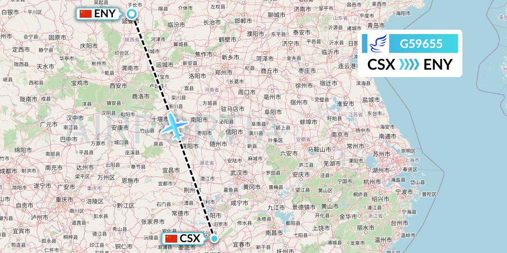 G59655 China Express Airlines Flight Map: Changsha to Yan'an
