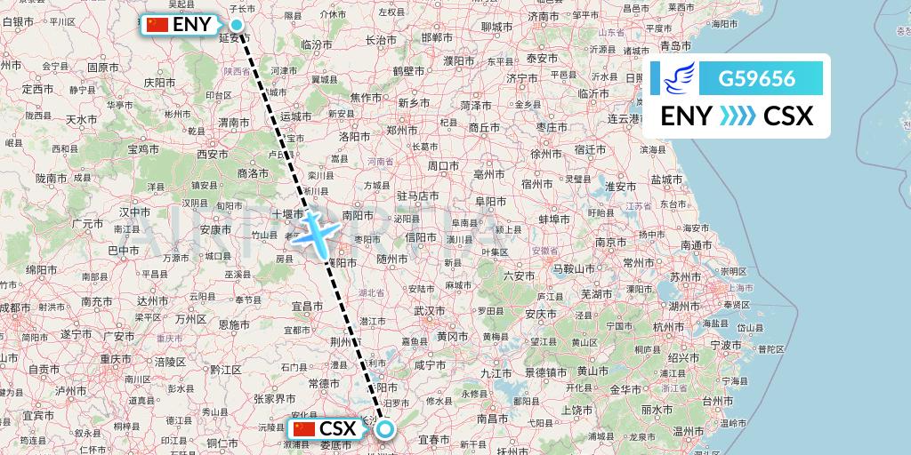 G59656 China Express Airlines Flight Map: Yan'an to Changsha
