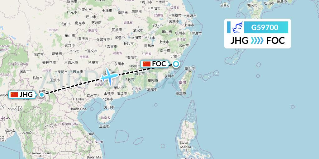 G59700 China Express Airlines Flight Map: Jinghong to Fuzhou