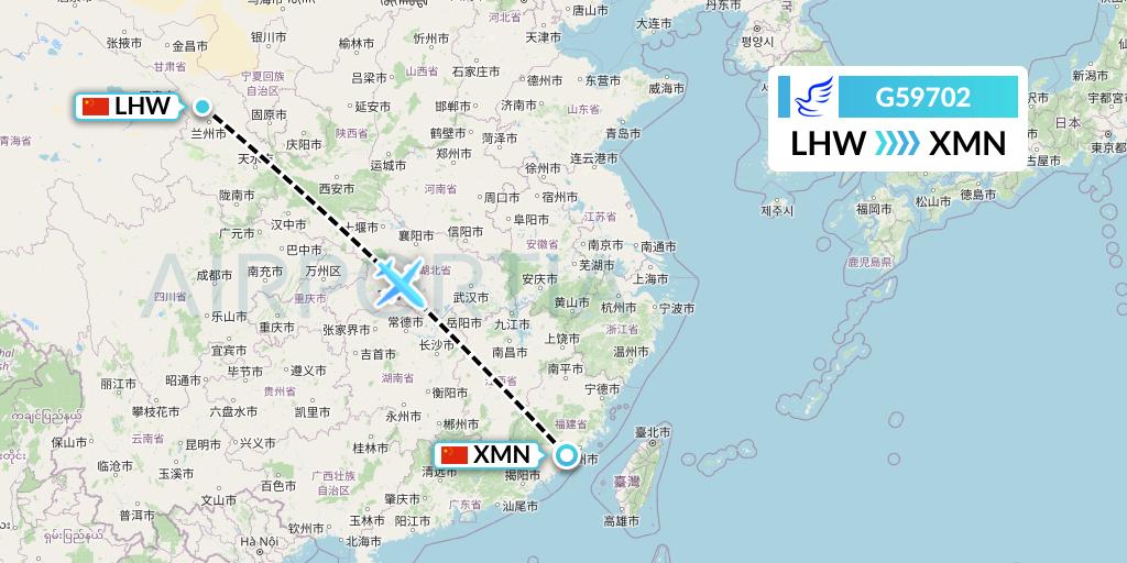 G59702 China Express Airlines Flight Map: Lanzhou to Xiamen