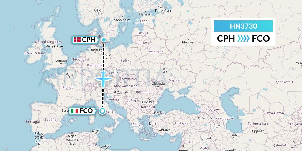 HN3730 Uab Heston Airlines Jsc Heston Airl Flight Map: Copenhagen to Rome
