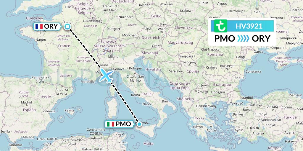 HV3921 Transavia Flight Map: Palermo to Paris