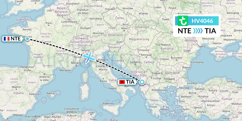 HV4046 Transavia Flight Map: Nantes to Tirana