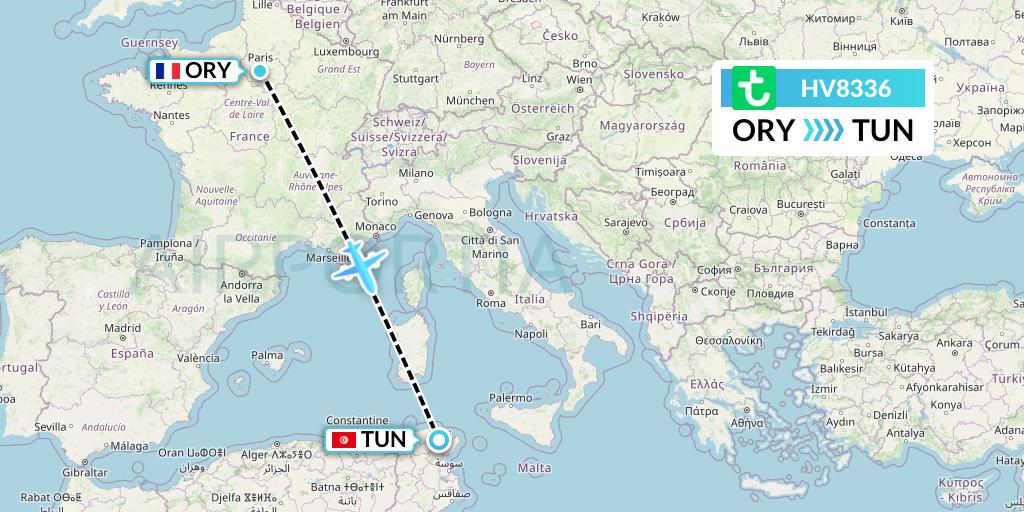 HV8336 Transavia Flight Map: Paris to Tunis
