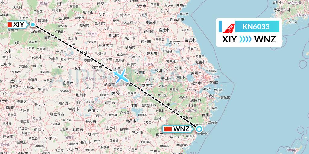 KN6033 China United Airlines Flight Map: Xi'an to Wenzhou
