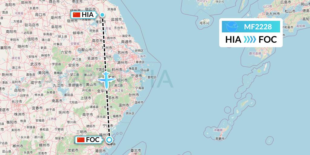 MF2228 Xiamen Airlines Flight Map: Huai'an to Fuzhou