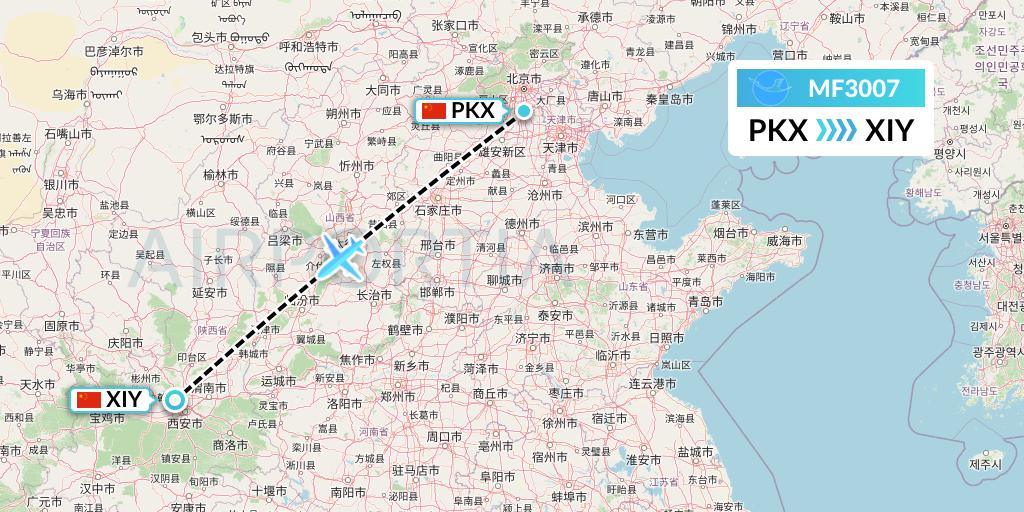 MF3007 Xiamen Airlines Flight Map: Beijing to Xi'an