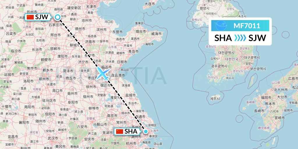 MF7011 Xiamen Airlines Flight Map: Shanghai to Shijiazhuang